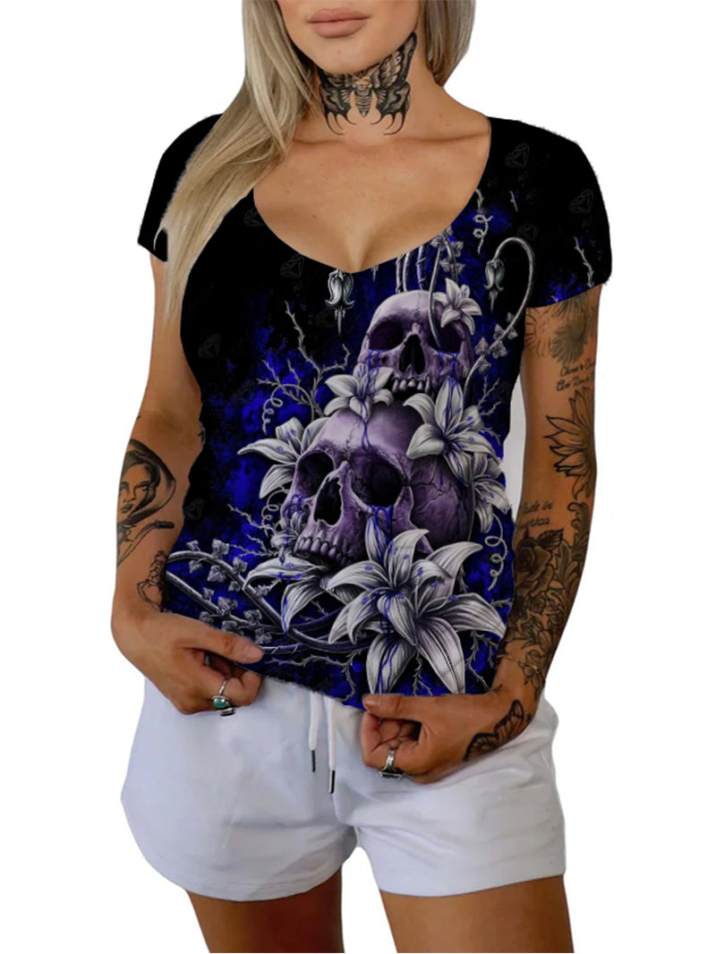 Women's Gothic Orchid Blue Flame Skull Printed Casual T-shirt