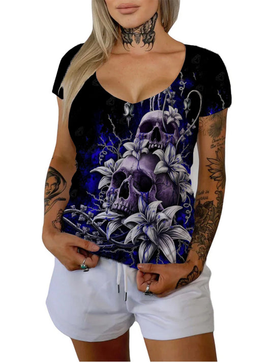 Women's Gothic Orchid Blue Flame Skull Printed Casual T-shirt