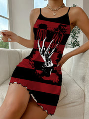 Rückenfreies Lounge-Kleid mit Rüschen und Gothic-Totenkopf- und Streifen-Print