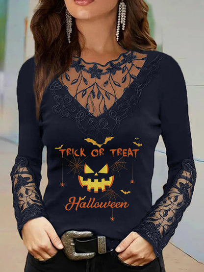 Trick or Treat Halloween Print Sexy Deep V Lace Neck Long Sleep T-Shirt