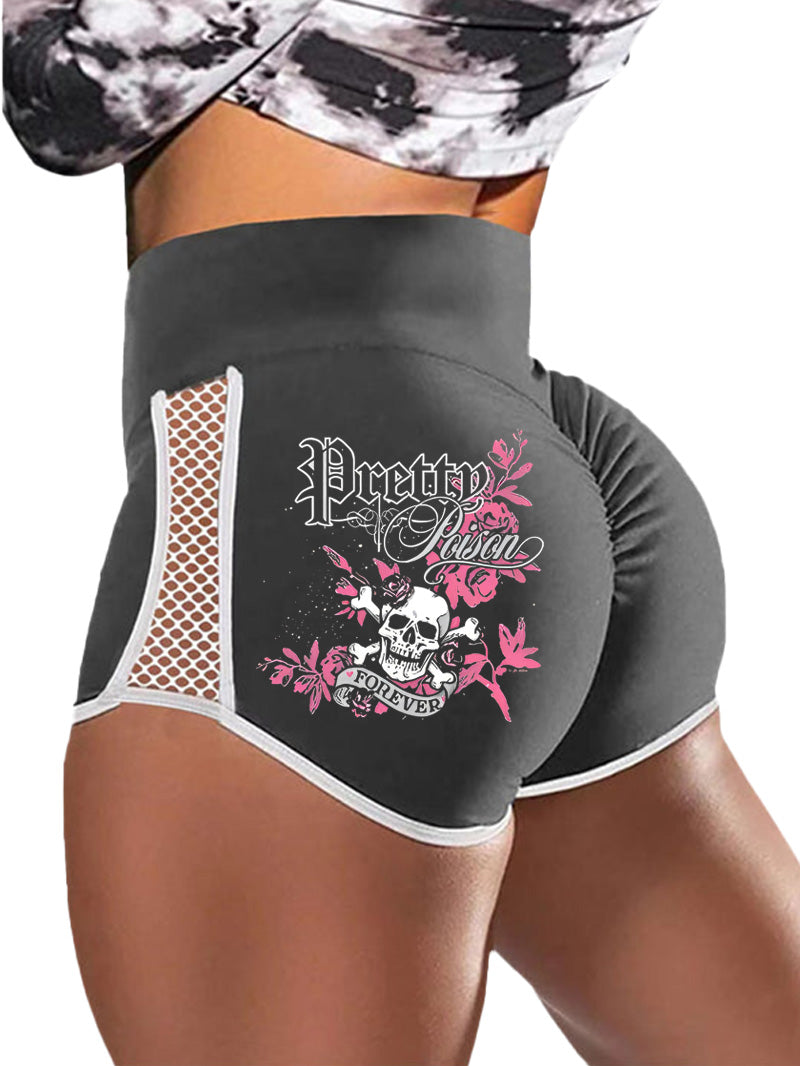 Gothic Style Skull Flower Print Sports Shorts