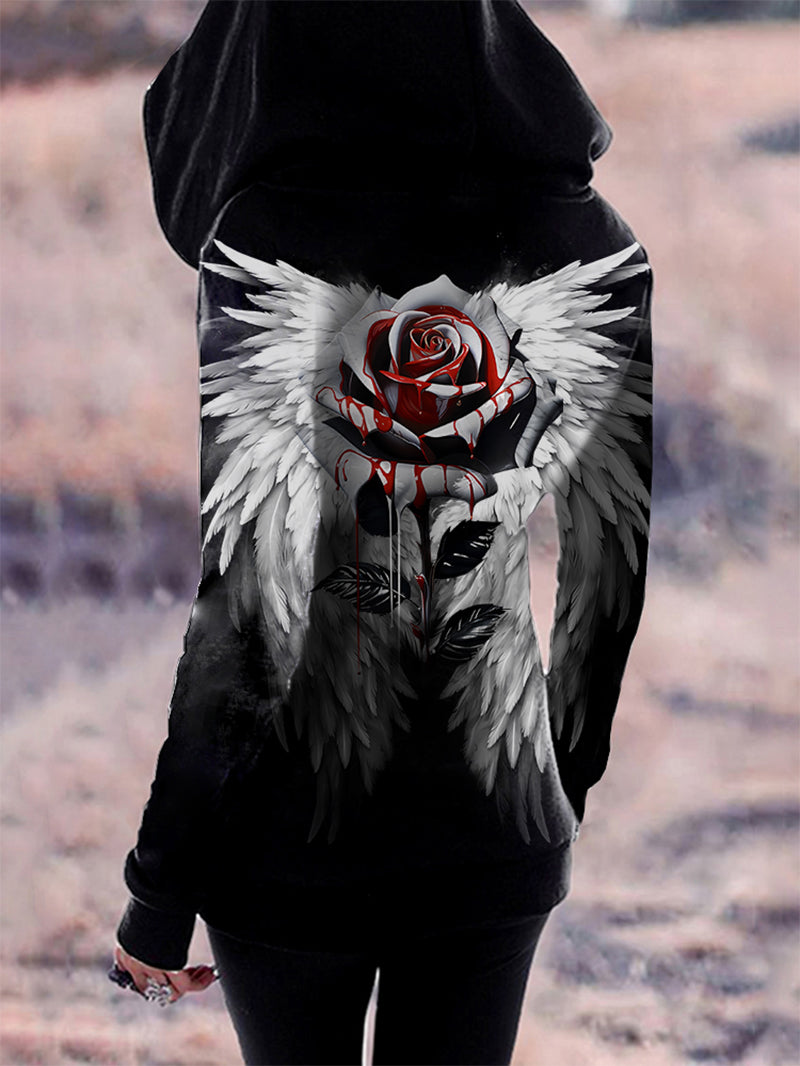 Women's Gothic Style Blood Drops Rose Wings Full Printed Hoodie