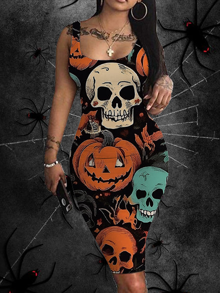 Halloween Horror Skull Pumpkin Bat Printing Slip Dresses