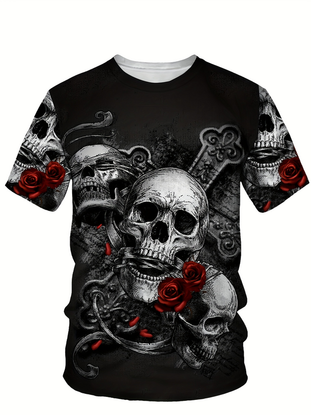 Kurzärmliges T-Shirt mit Gothic-Kreuz- und Totenkopf-Print 