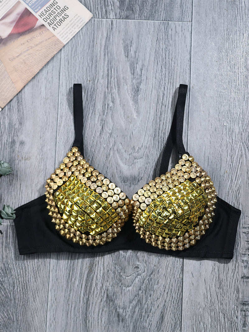 Sexy Fashion Rivet Gold Diamand Outer Wear Body Shaping Spaghetti Strap Bra