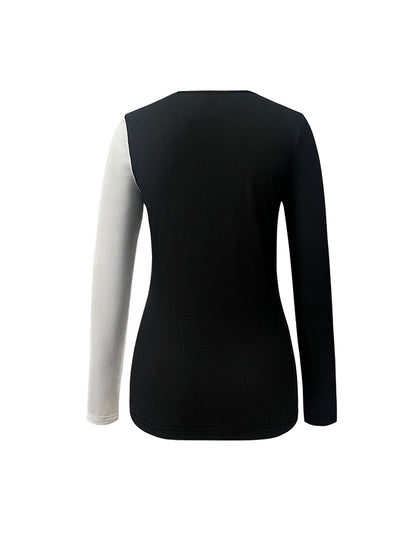 Fashion Color Contrast V-neck Zipper Clinch Long Sleeve T-shirt