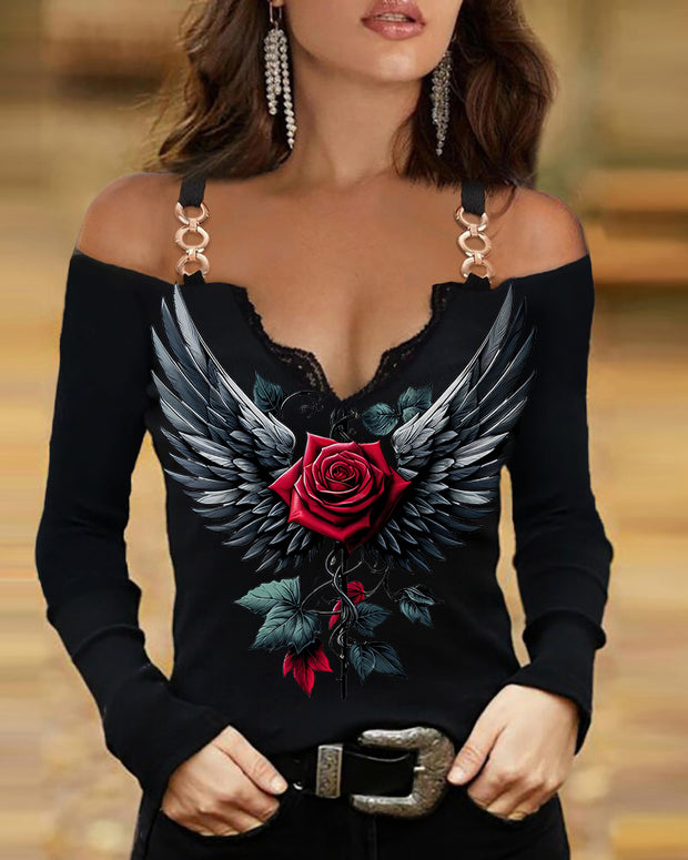 Gothic Rose Wings Printed V-Neck Strapless Top