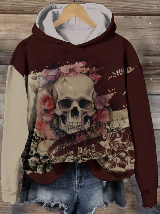 Women's Fashion Gothic Color Matching Rose Skull Hooded Sweatshirt