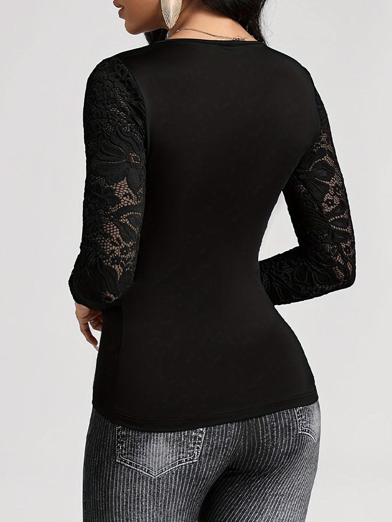 Solid Color Cross Stitching Lace Long-Sleeved T-shirt