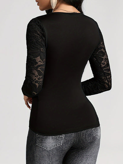 Solid Color Cross Stitching Lace Long-Sleeved T-shirt