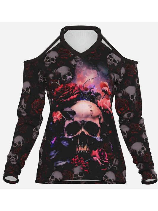 Sexy Women's Gothic Skull Print off-Shoulder Braces Long Sleeve Top