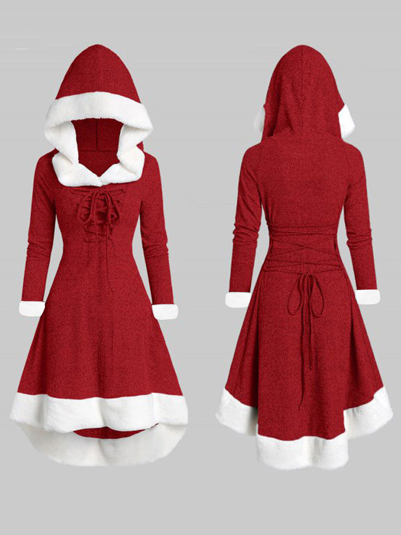 Elegant Hooded Stitching Plush Hem Irregular Long Sleeve Lace-up Dress