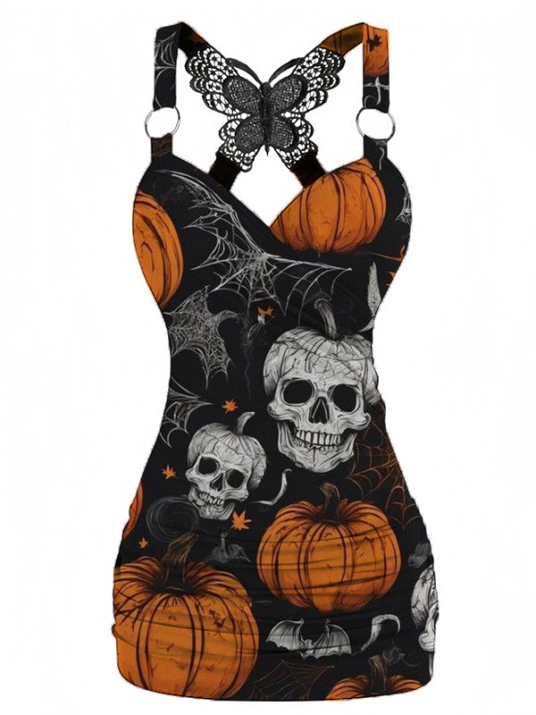 Halloween Pumpkin Skull Printed V-neck Sexy Butterfly Back Dress