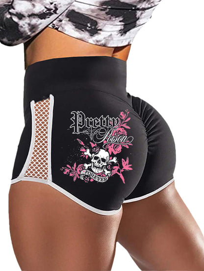 Gothic Style Skull Flower Print Sports Shorts