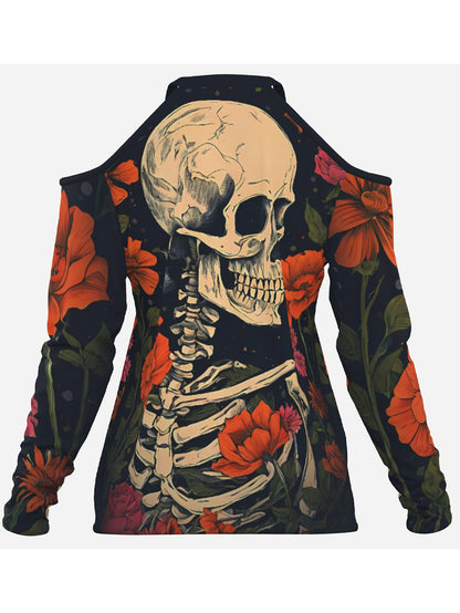 Sexy Women's Gothic Rose Skull Print off-Shoulder Brands Long Sleeve Top