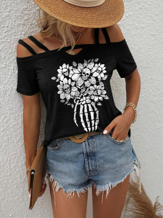 Sun Skull Flower Printed Sexy Comfort Strappy T-shirt