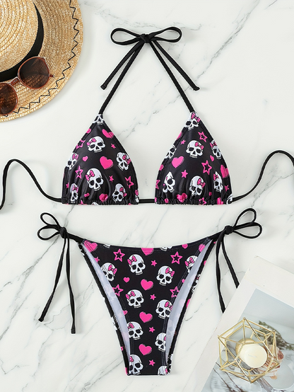 Rückenfreier sexy Bikini mit Totenkopf-Spinnen-Print 