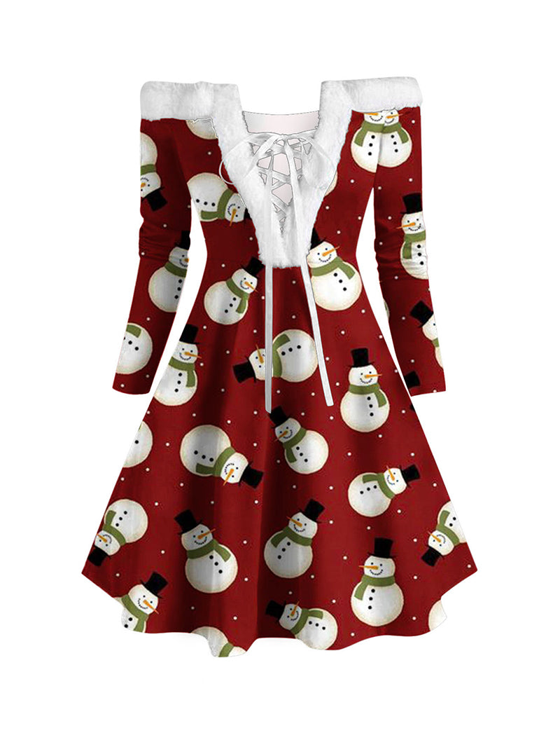 Christmas Printed Female Plush Collar Stitching Long Sleeve Tether Dress