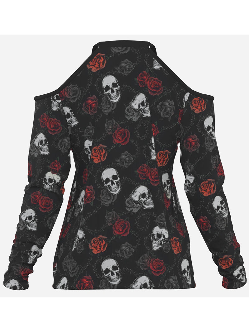 Sexy Women's Gothic Thorn Rose Skull Print off-Shoulder Brands Long Sleeve Top