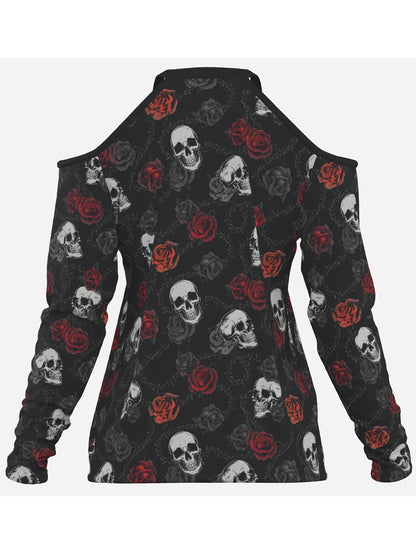 Sexy Women's Gothic Thorn Rose Skull Print off-Shoulder Brands Long Sleeve Top