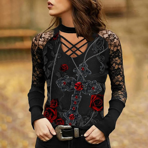 Gothic Cross Rose Print Lace Panel Top