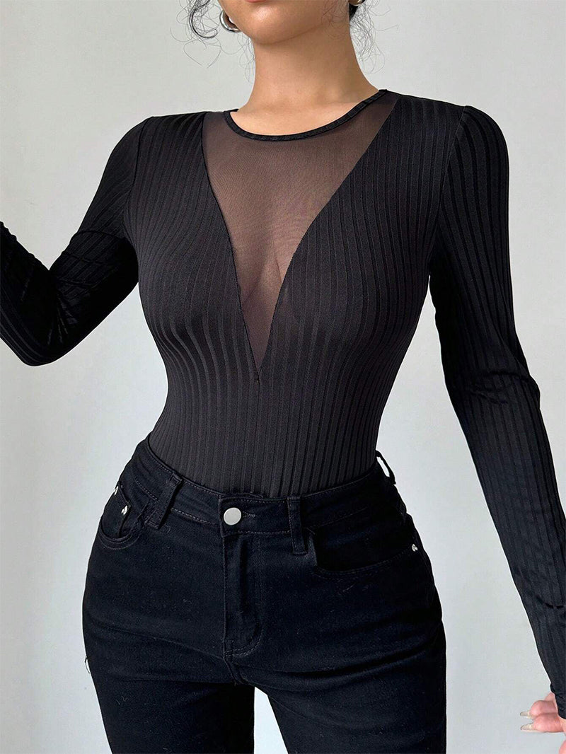 Lady Sexy Chest Mesh Stitching Hollow-out Long-Sleeve Knitted Top