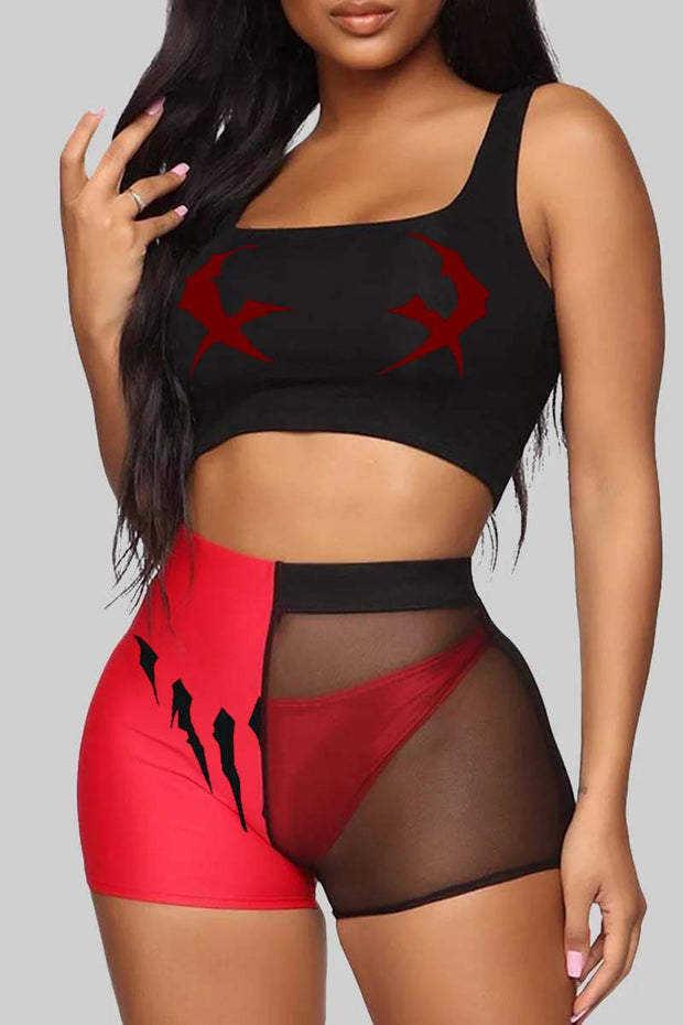 Demon Smiley Face Print Sexy Vest See-through Pants Three-Piece Suit