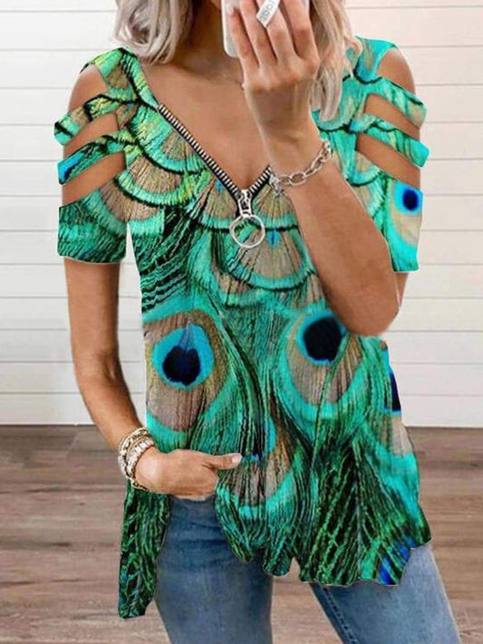 Peacock Feather Pattern Zipper T-shirt