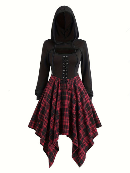 Halloween Gothic Style Hoodie With Drawstrings Hollow Plaid Stitching Dress