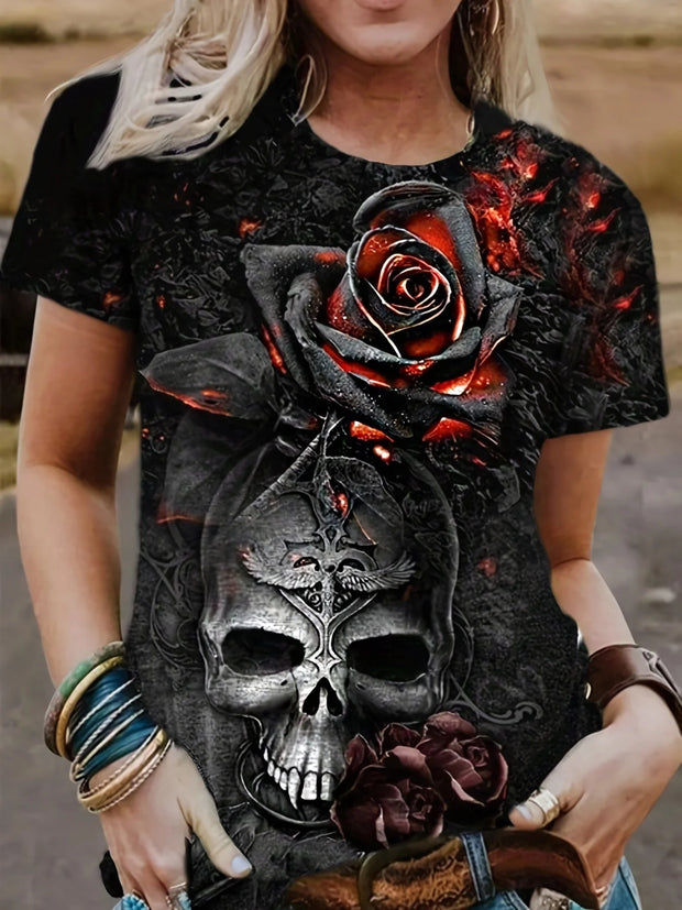 T-shirt à manches courtes imprimé crâne et roses 