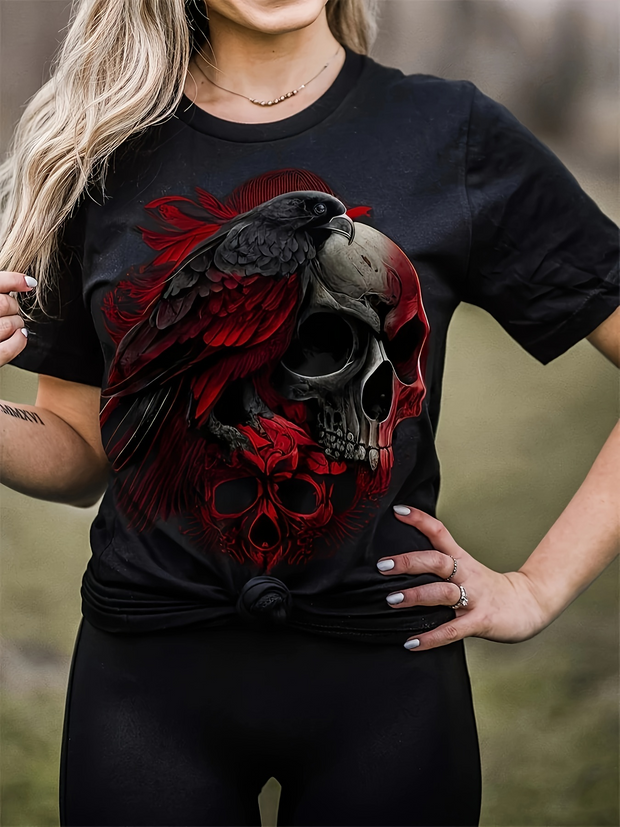 T-shirt à manches courtes à imprimé tête de mort rouge Crow 