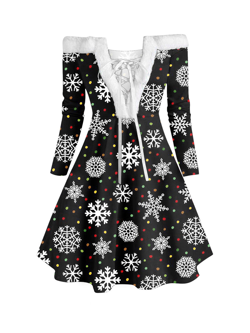 Christmas Printed Female Plush Collar Stitching Long Sleeve Tether Dress