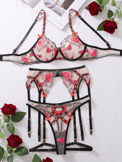 Sexy Love Embroidered Dotted Pattern Mesh Underwear Suit