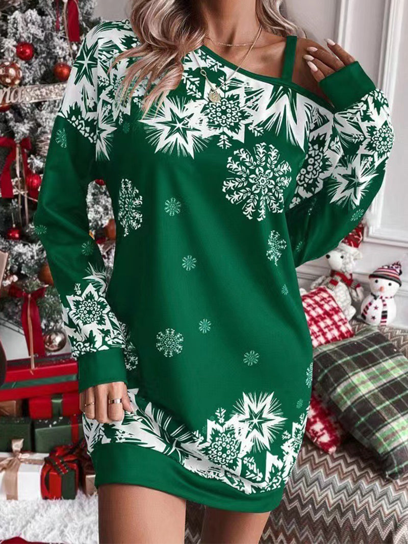 Christmas Snowflake Print Long Sleeve Sloping Shoulder Dress