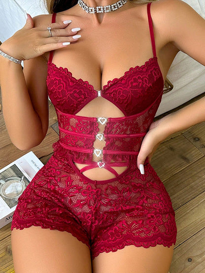 Sexy Lace Corset Love Ring Hollow out Underwear Suit