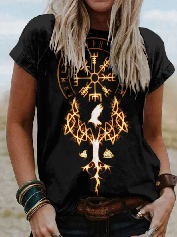 Tribal Golden Viking Totem Print T-shirt