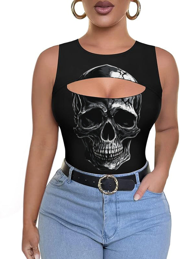Skull Printed Sexy round Neck Hollow Vest