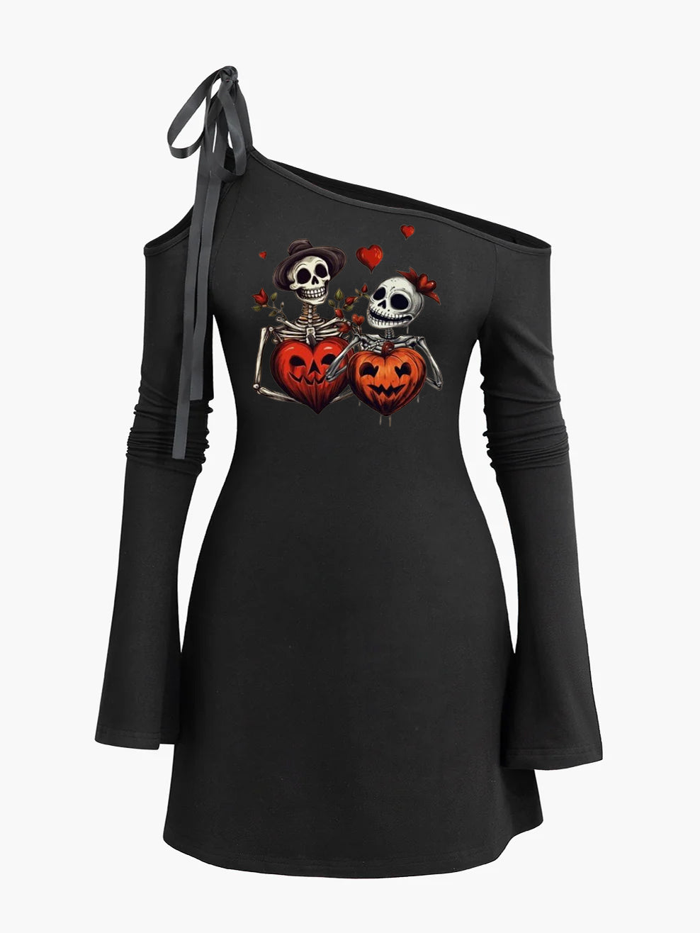 Pumpkins Skeleton Couple Halloween Print Shoulder Lace-up Diagonal Collar Dress