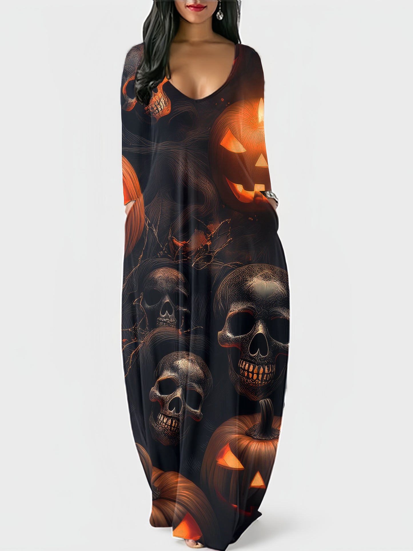 Halloween Skull Pumpkin Printing Slip Dress