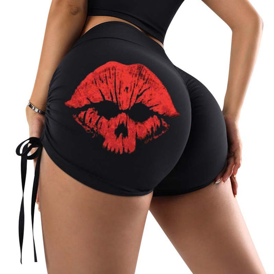 Red Lip Skull Print Skinny Hip Rise Sports Yoga Shorts