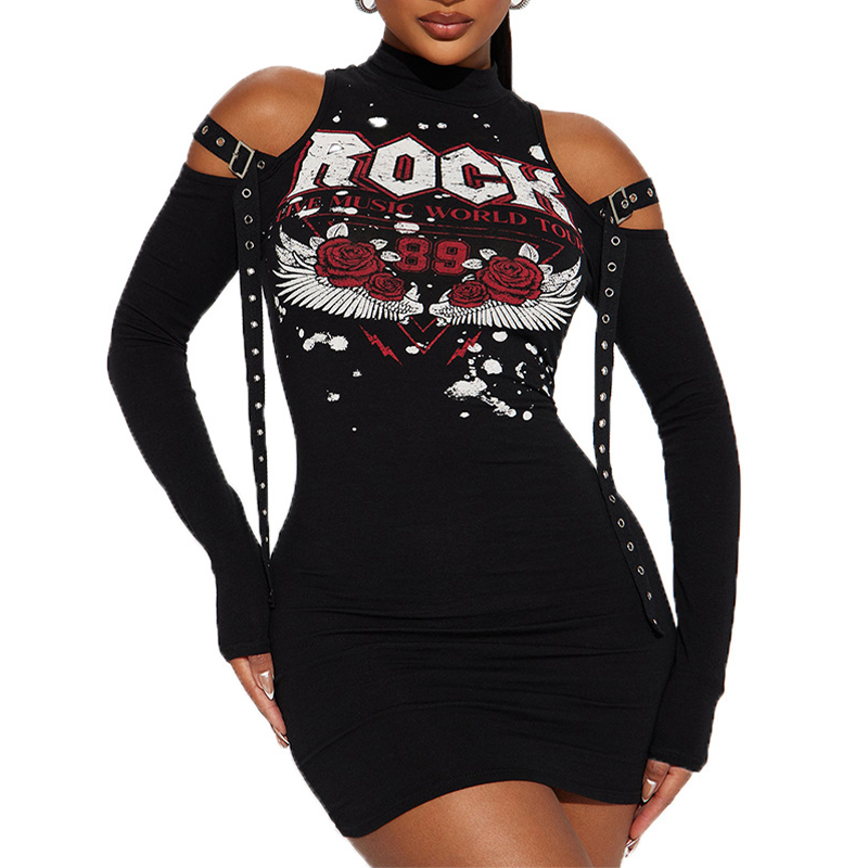 Rock Printed Sexy Turtleneck off-the-Shoulder Long Sleeve Dress