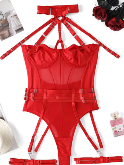 Sexy Mesh Stitching Halter Jumpsuit Suspender Underwear Suit