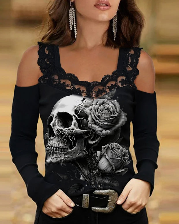 Grey Floral Skull Print off-Shoulder Laced T-Shirt