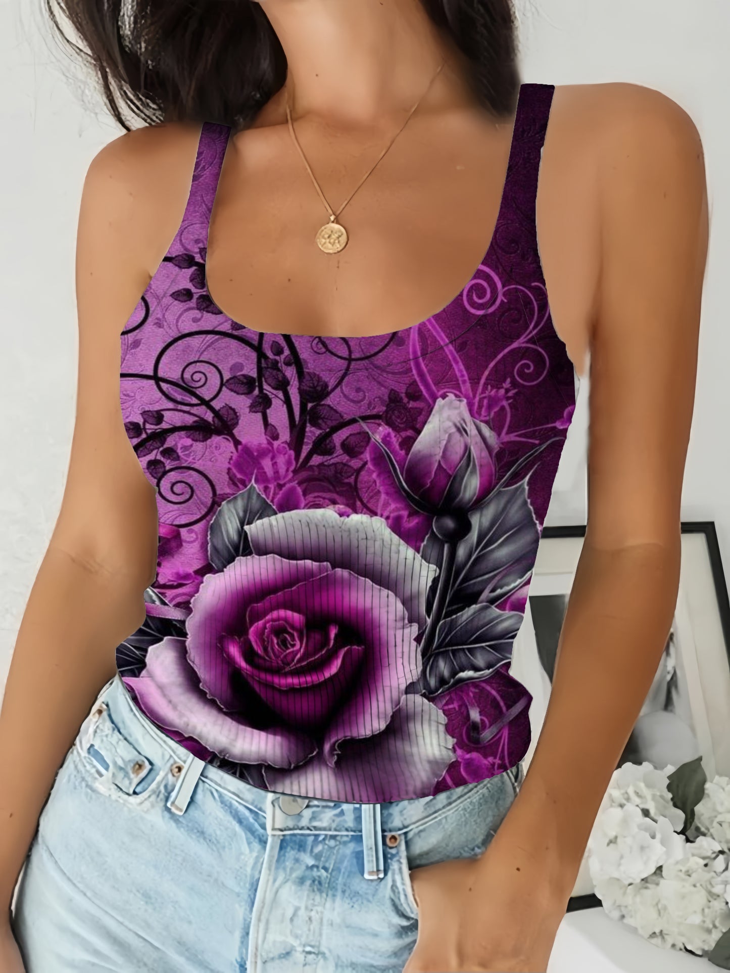 Purple Rose Printed Sexy Vest