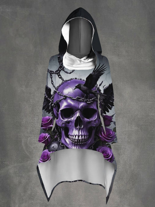 Fashion 3D Golden Style Purple Rose Skull Crow Print Irregular Hooded Sweater