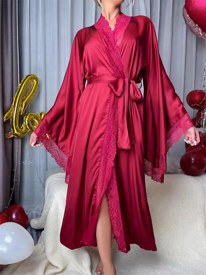 Sexy Satin Lace Long Sleeve Cool Feeling Night-Robe Pajamas