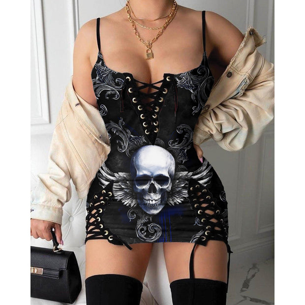 Gothic Dark Wings Skull Print Lace-up Sexy V-neck Suspender Skirt