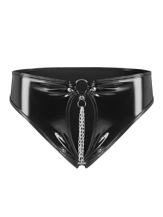 Sexy Patent Leather Hollow-out Pendant Chain Briefs