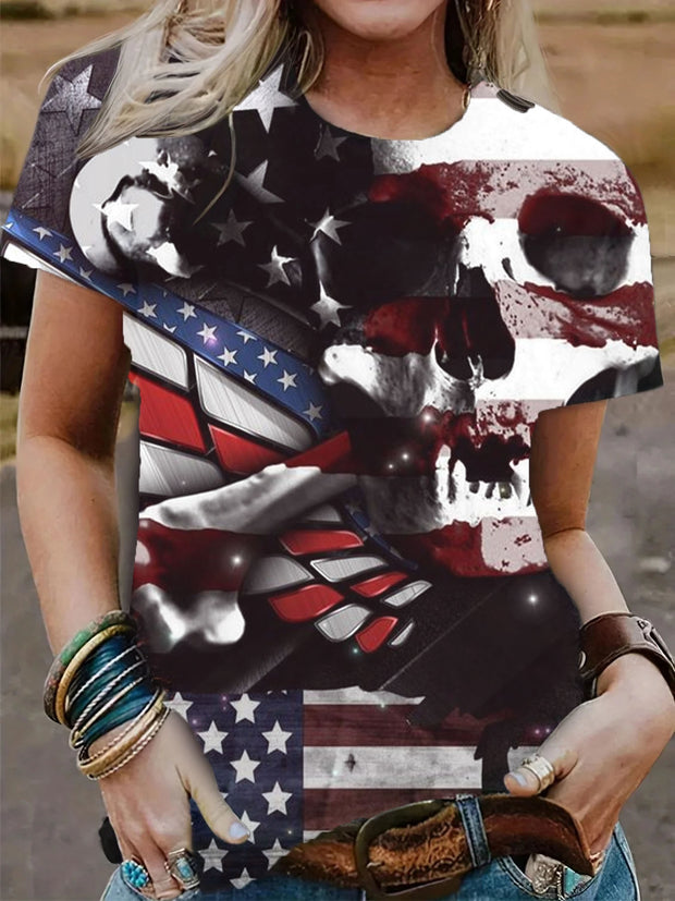 Kurzärmliges T-Shirt mit Totenkopf-Aufdruck und amerikanischer Flagge 