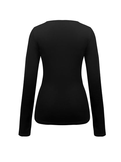 Fashion Sexy Solid Color Rhinestone Hollow out Long Sleeve T-shirt